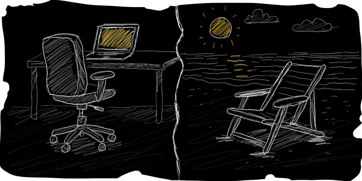 A desk on the left and a chair on the right, contrasting work and life.