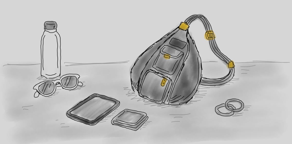 An image of a Kavu sling bag, with an iPad mini, sunglasses, water bottle, wallet, and hair ties.