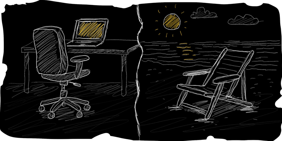 A desk on the left and a chair on the right, contrasting work and life.